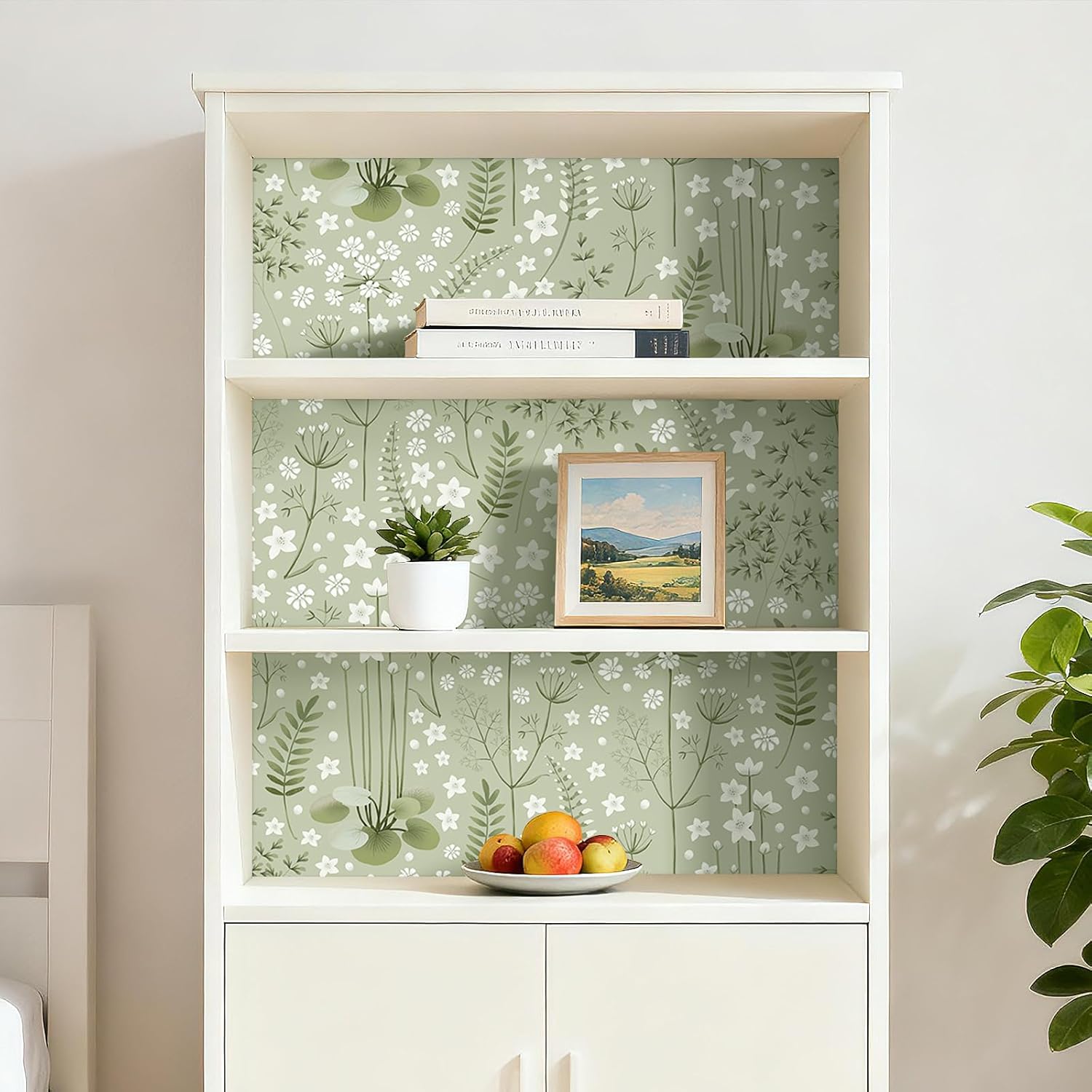 FunStick 17.5"x354" Sage Green Floral Wallpaper Peel and Stick Nature Leaves White Wildflower Botanical Wallpaper for Bedroom Wall Paper Removable Green Floral Contact Paper for Wall Decor Cabinets
