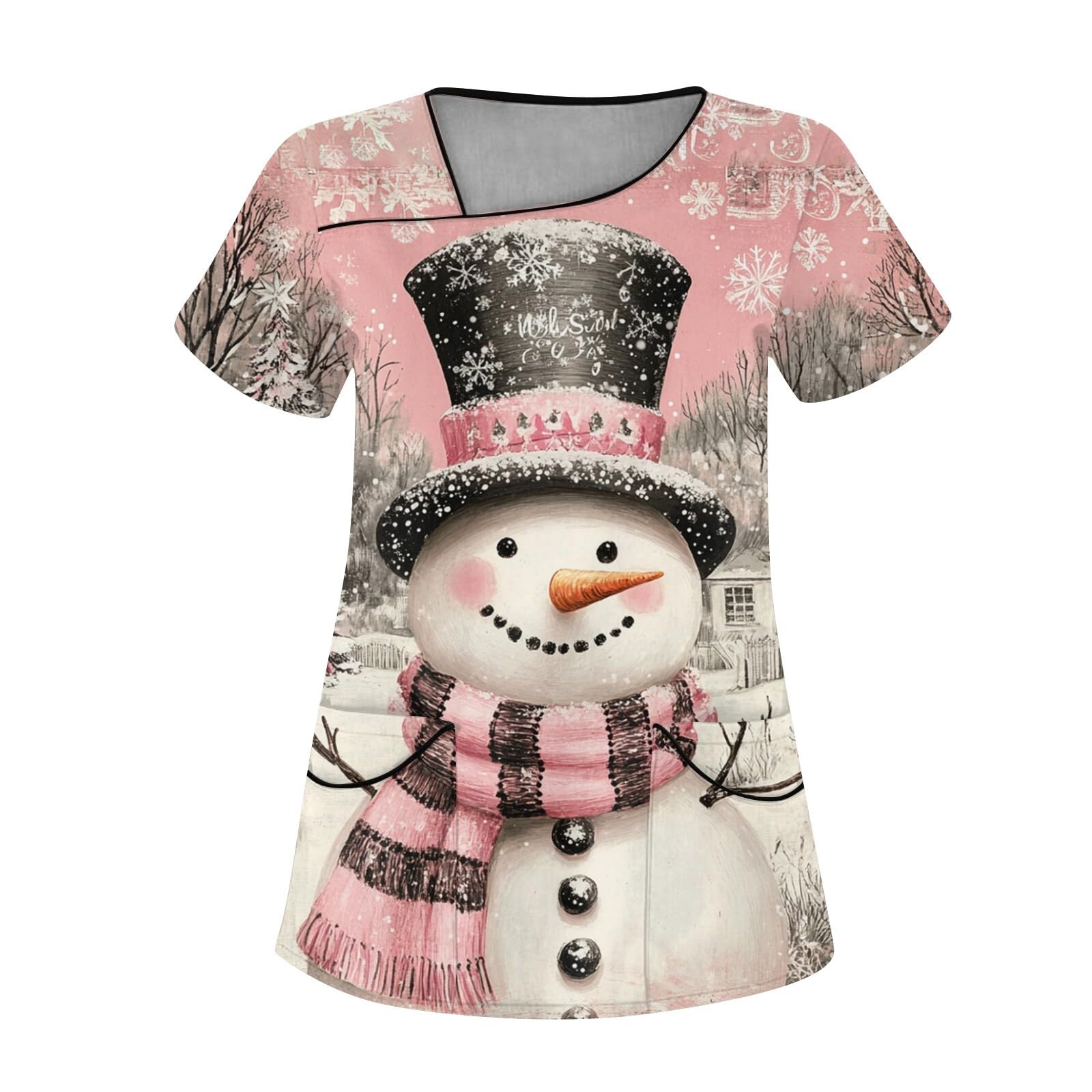 Womens Plus Size Scrub Tops 2024 Christmas Print Nurse Uniforms for Women Short Sleeve V-Neck Shirts Tops with