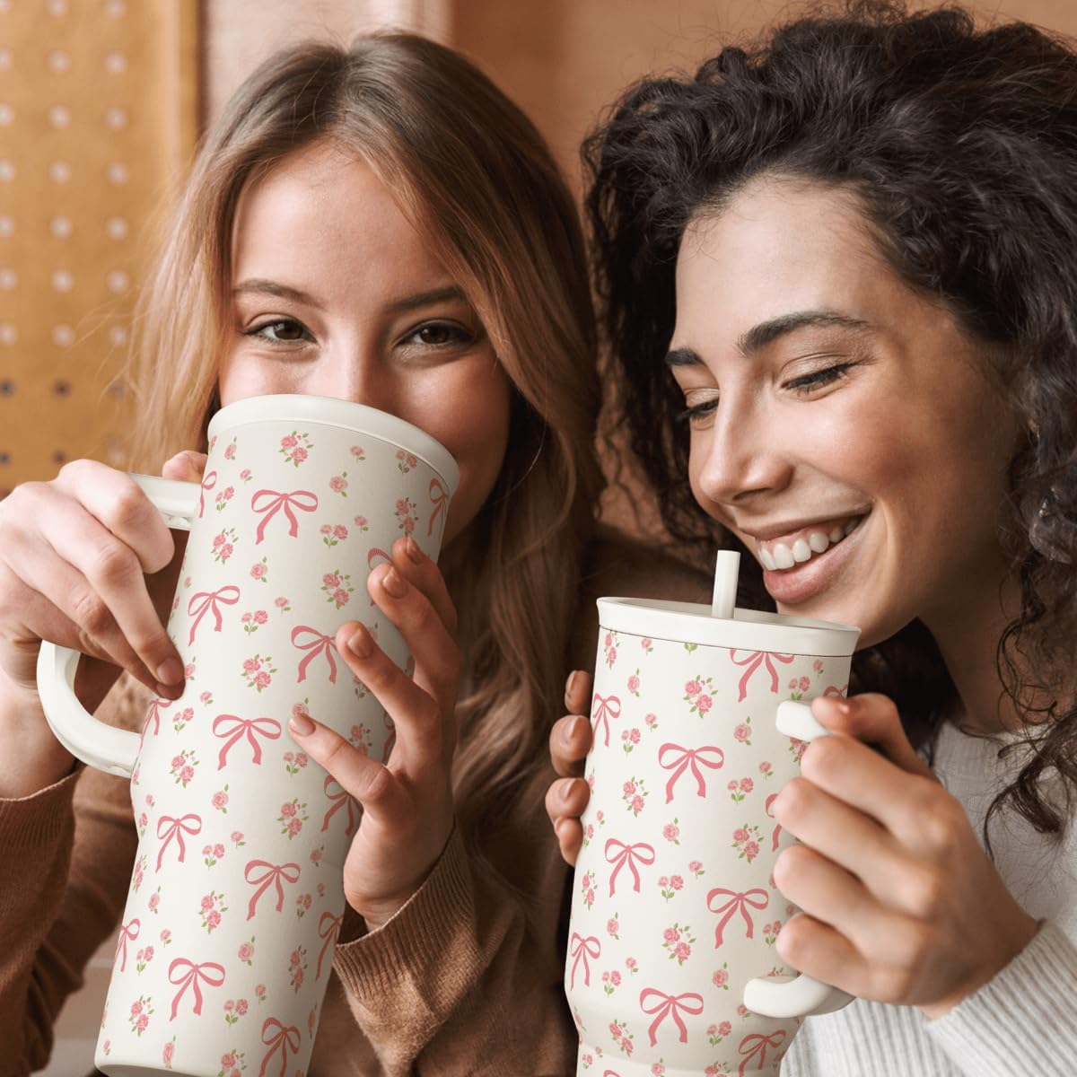 SANDJEST Bow Tumbler with Handle 40oz, Stainless Steel Insulated Tumblers Coffee Travel Cup with Slider Straw Lid, Gifts for Women Teen Girls Birthday - Image 7