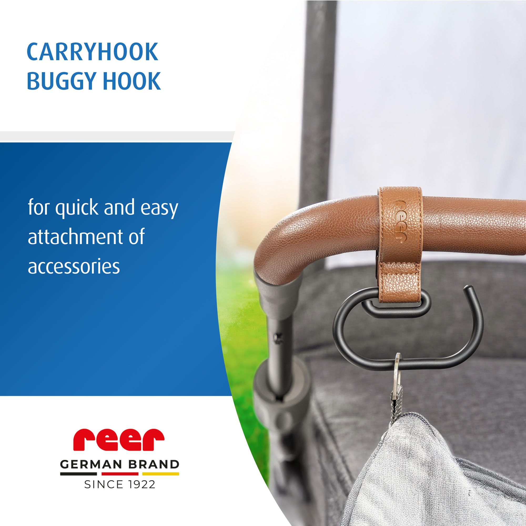 reer CarryHook haczyki do wózka dziecięcego, 2 sztuki, uniwersalne haczyki na torby na pieluchy i torby na zakupy, mocowanie na rzepy, akcesoria do wózków dziecięcych, brązowo-czarne