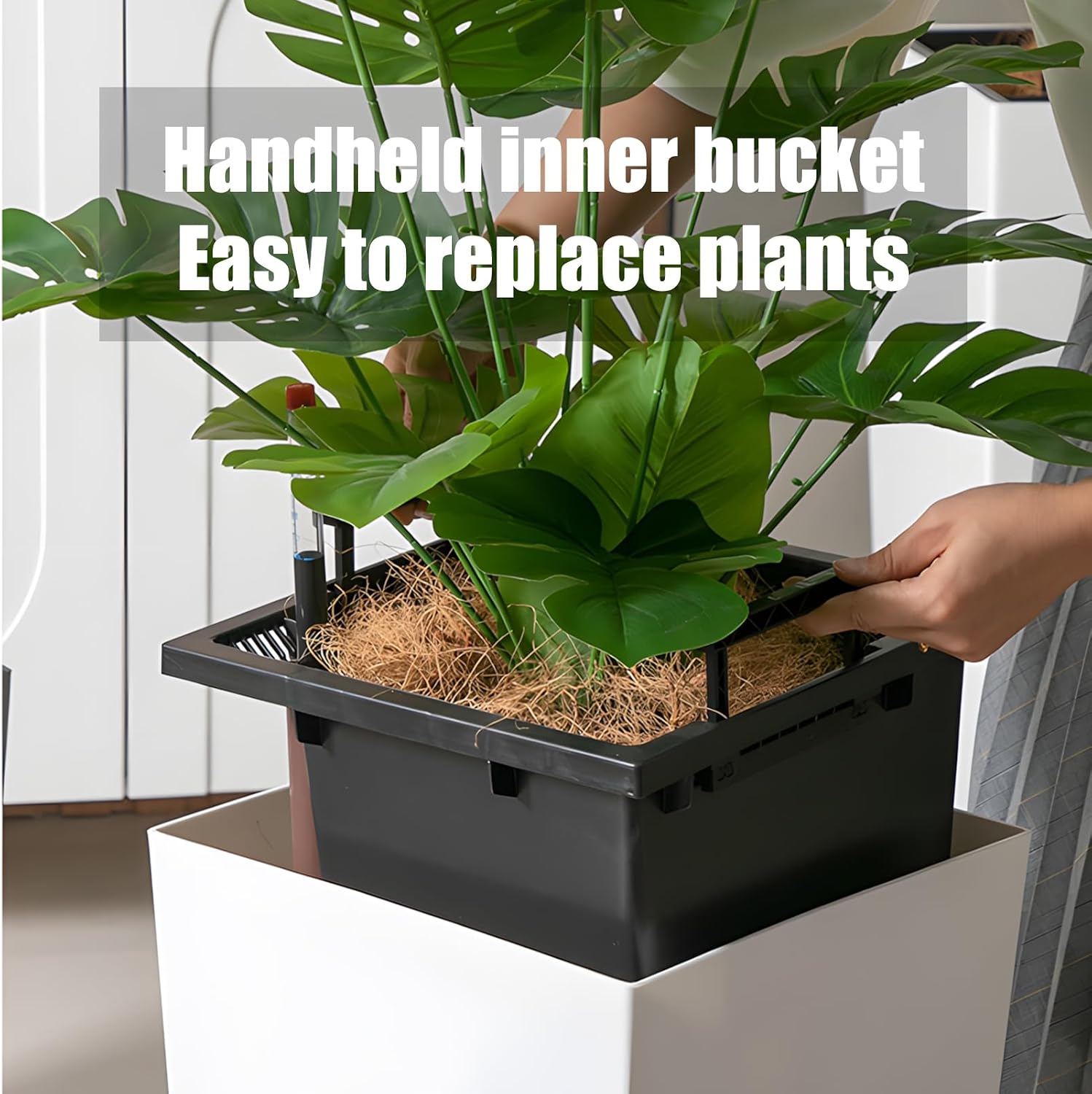 All Weather Wicker Planters for Outdoor Plants,21.7" Tall Planter Resin Flower Pot for Outdoor Indoor Plants Front Porch Door Balcony Deck, with Visual Water Level, Dual Buckle,Tray Black 1pc