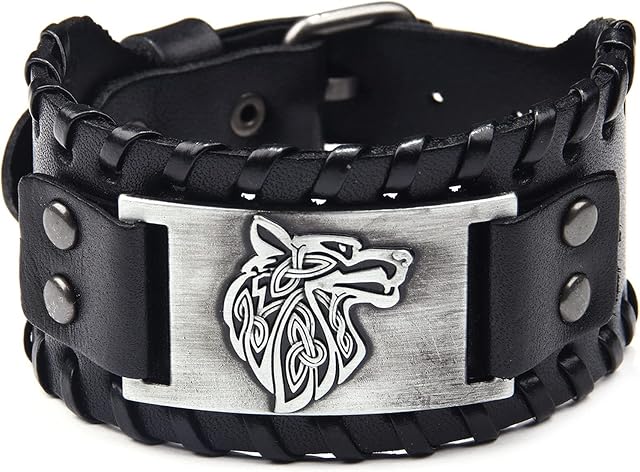 Thajaling Black Wide Leather Bracelet Antique Silver Wolf Head Pattern Bangle Wristbands Vintage Cuff