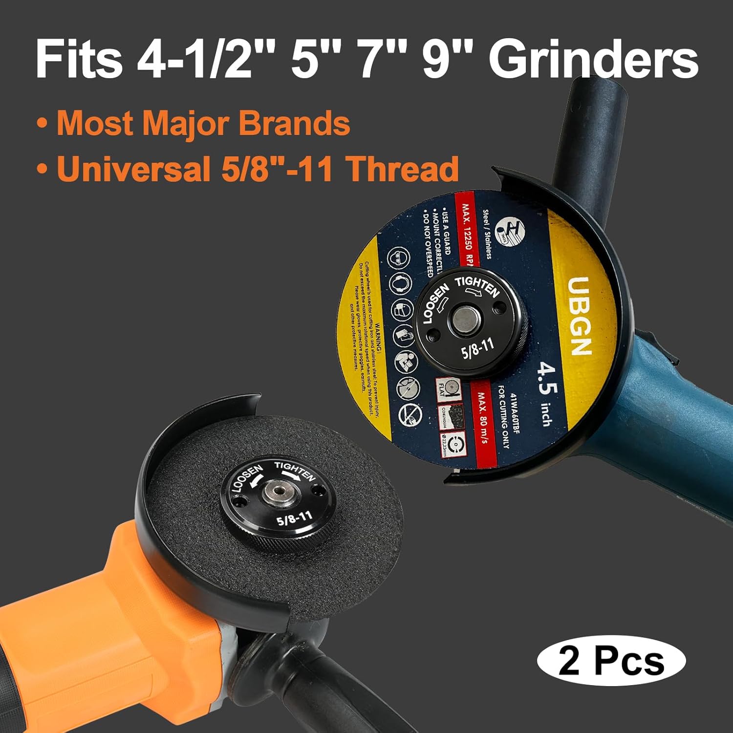 Quick Install & Quick Release Angle Grinder Nut 5/8"-11, 2 PCS Self-Locking Flange Nuts, Tool-Free Grinder Accessories & Attachments for 4-1/2", 5", 7", 9" Angle Grinders