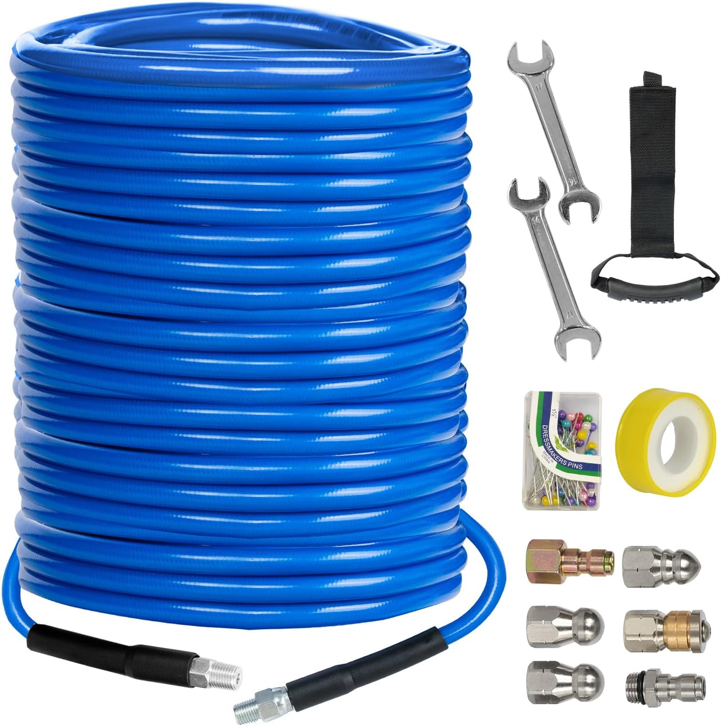 Xiny Tool Sewer Jetter Kit for Pressure Washer 50FT, 4000 PSI Drain Cleaner Hose 1/4 Inch NPT, Corner Rotating and Button Hose Sewer Jetting Nozzle Pearl Corsage Pin Tape Handle Strap Spanner, Blue