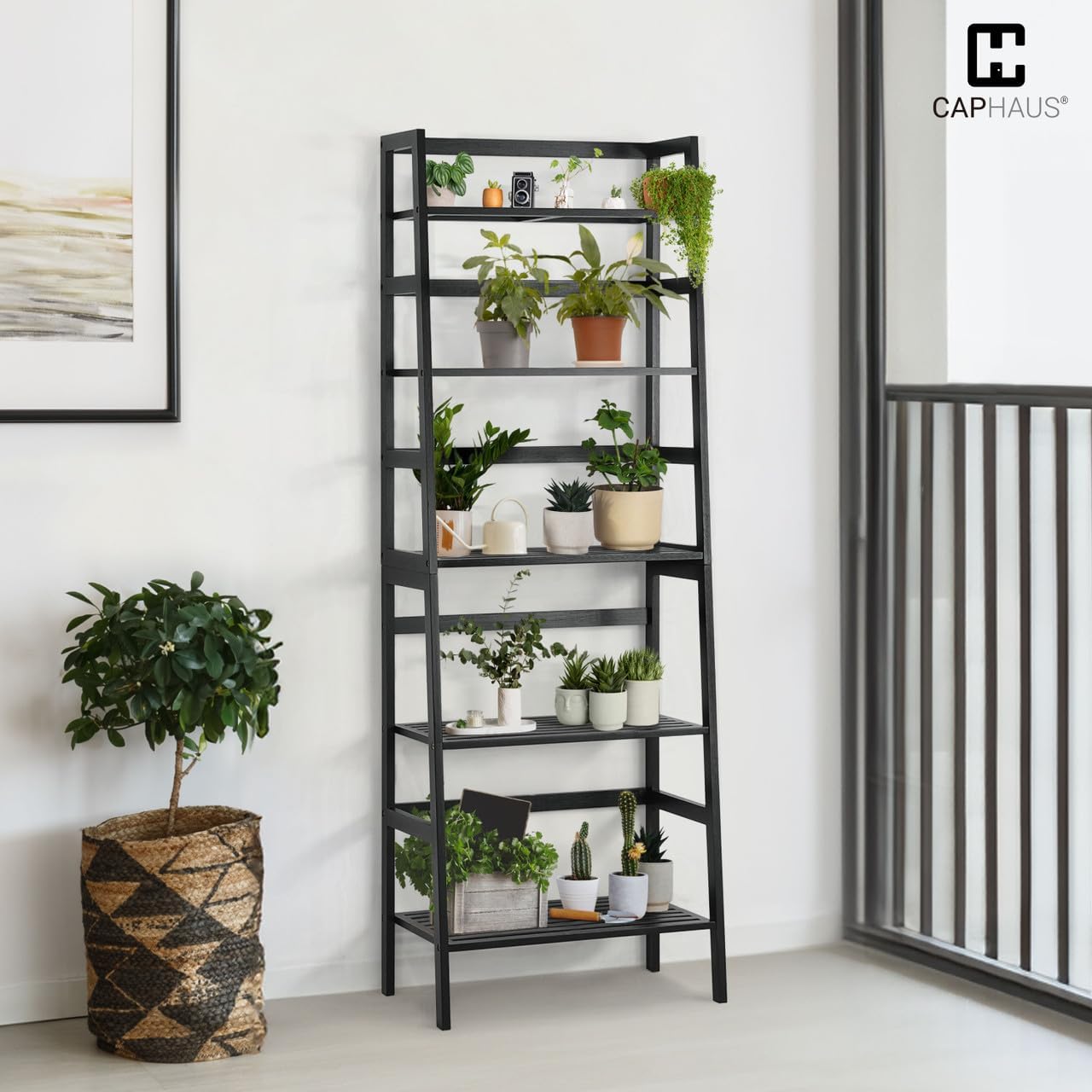 CAPHAUS Ladder Shelf,5-Tier Ladder Bookshelf, Multifunctional Bookcase with Bamboo Frame,Freestanding Storage Shelves Display Shelf, for Living Room,Home Office,Bedroom,Kitchen Plant Stand,Black