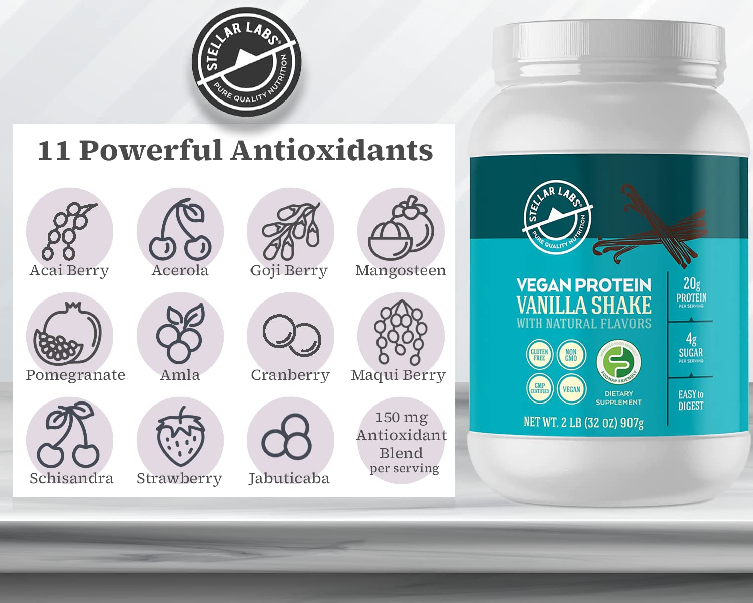 Stellar Labs Vegan Protein Powder with BCAA's & Antioxidants | Certified Low FODMAP, Non GMO, Gluten Free, Soy Free, Low Carb, with Stevia | Lean Plant Based Protein Powder Shakes | Vanilla — Amazon image 4