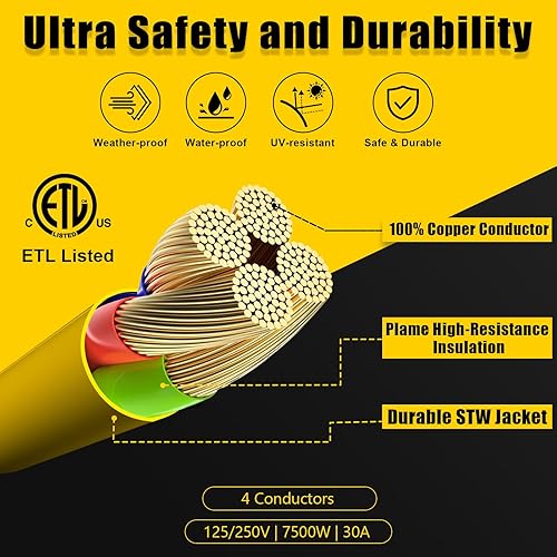 Miniatura 5 de Cable adaptador de generador RV de 4 clavijas y 30 amperios con mango de agarre, bloqueo giratorio L14-30P macho a hembra 14-50R, STW resistente 10