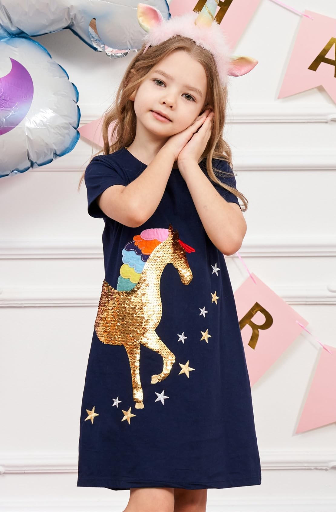 RETSUGO Vestito da bambina a trapezio carino unicorno arcobaleno modello manica corta casual bambina abiti per feste 1-8 anni