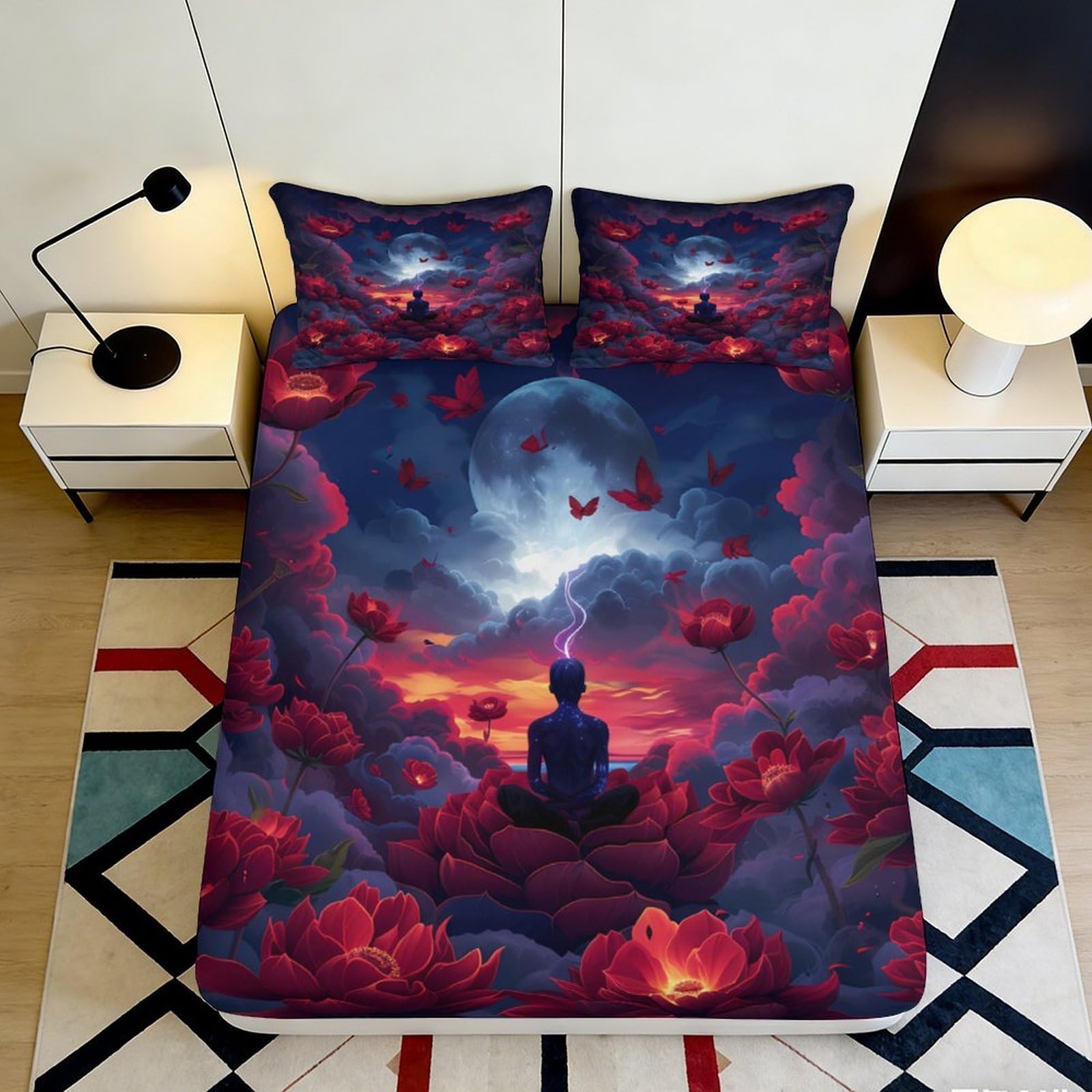 3D Printed Meditative Moon Night Fitted Sheet Microfiber Red Lotus Mattress Cover for Bedroom Dorm Decor 200x200x25cm