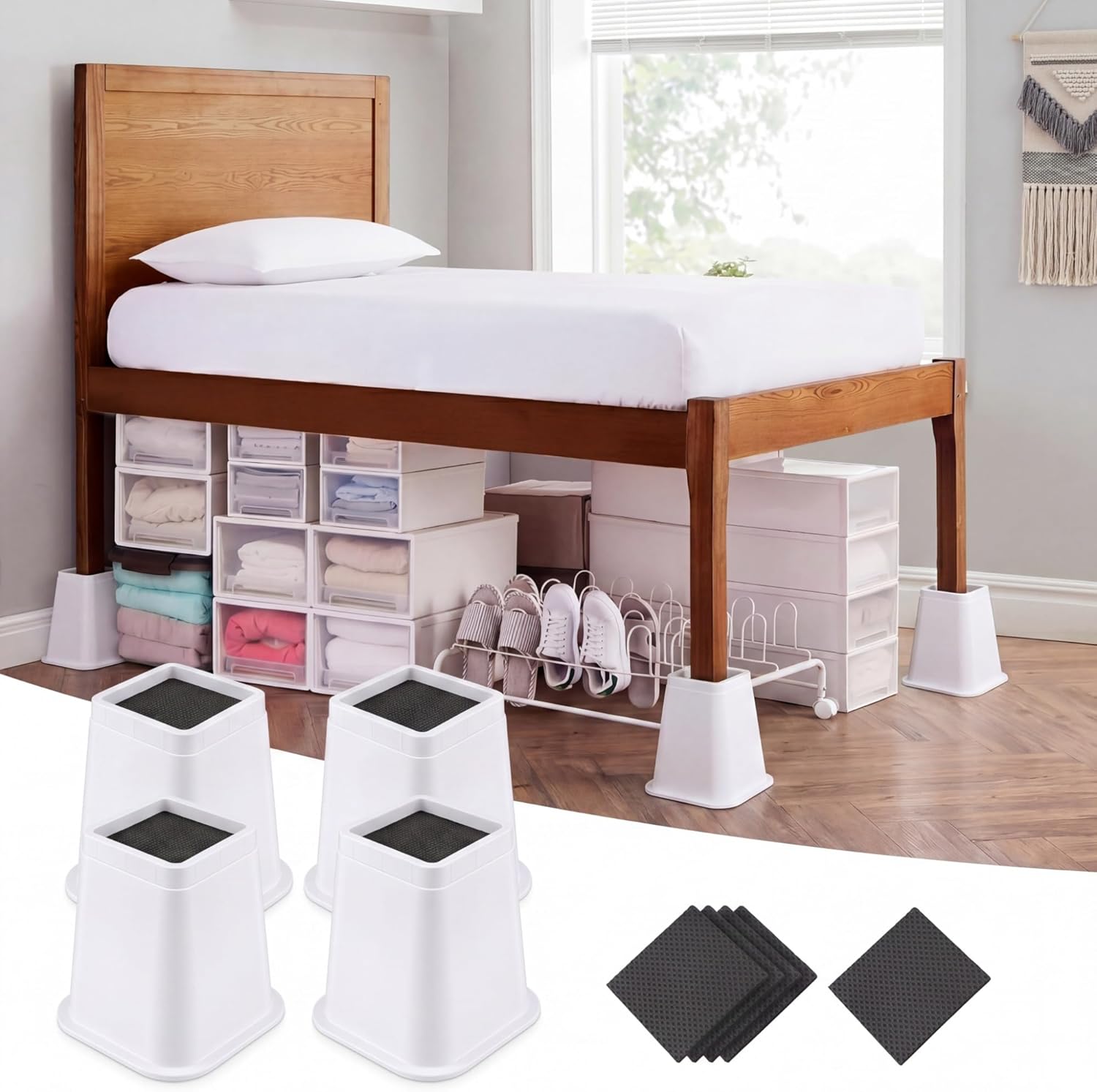 Novabright 4 Pack 8 Inch College Dorm Bed Risers Heavy Duty Extra Plastic Furniture Risers Stackable Furniture Riser for College Dorm Under Bed Storage Sofa Table Desk Couch Chair(White)