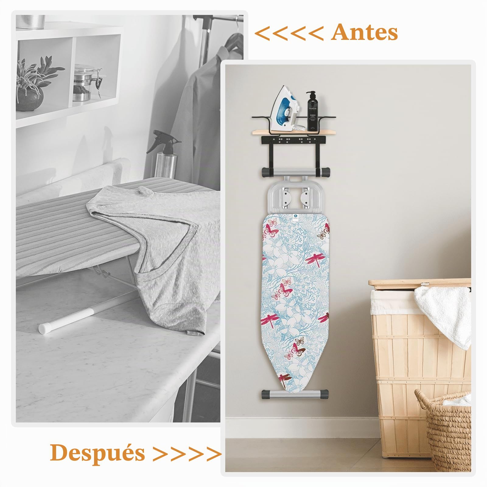 Percha para tabla de planchar para lavandería, soporte para plancha y tabla de planchar, cesta grande de madera y ganchos extraíbles, soporte de pared de metal
