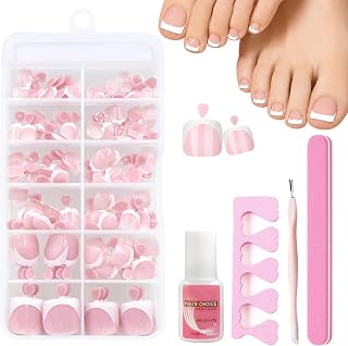 120 Stück Rosa Falsche Fußnägel Kit - Französisch Natürliche Fußnägel zum Aufkleben - Full Cover Press On Nails Füße für Frauen (Rosa French)
