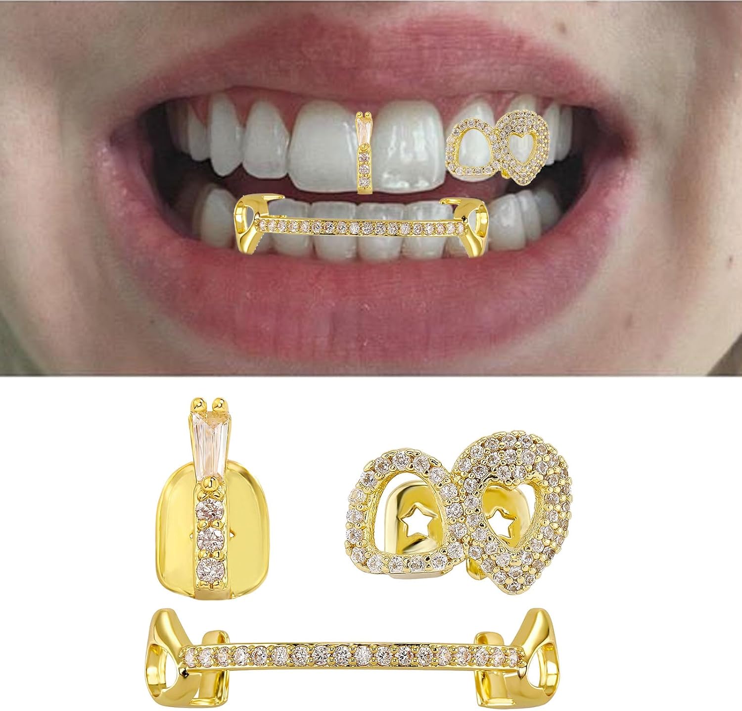 Heart/Star Shape Hip Hop Copper Fangs Mouth Jewelry Party Teeth Accessory Metal Texture Suitable For Adults And Kids