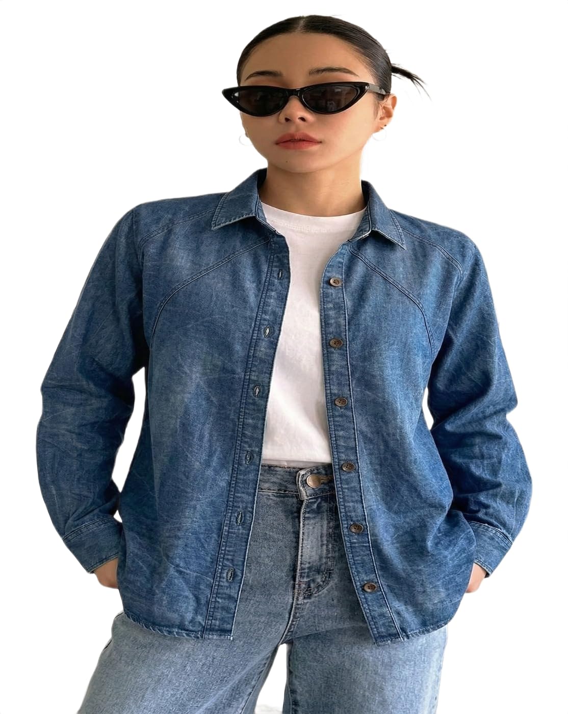 designally Womens Denim Button Down Shirt - Oversized Long Sleeve Jean Jacket Shirt, Casual Western Style Light Blue Shacket for Layering-picture-38