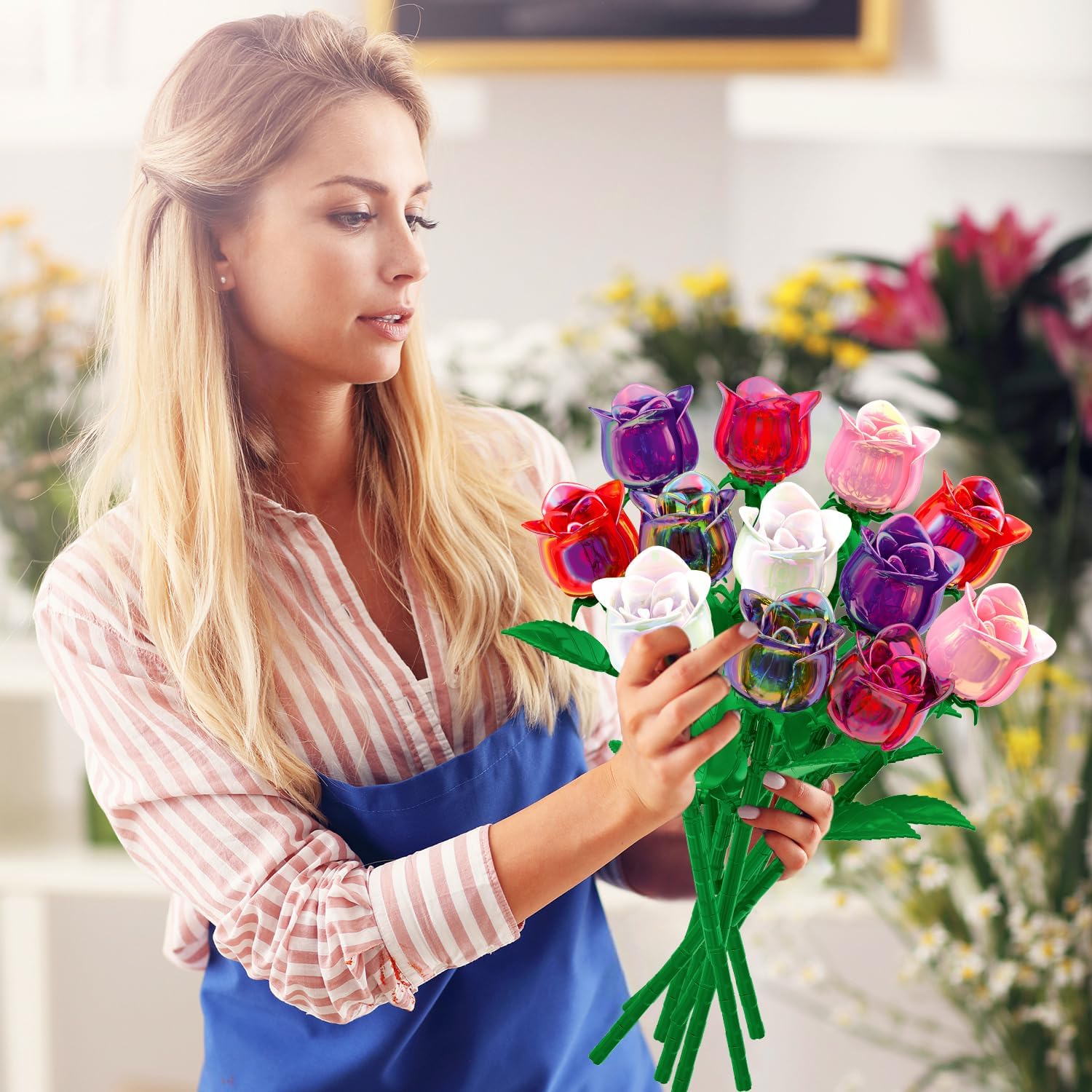 Colorful Rose Flower Bouquet Building Set, Botanical Collection Artificial Plant Compatible with Lego, Home Decor, Valentine's Day Birthday Mother's Day for Her Him Adult - Image 6