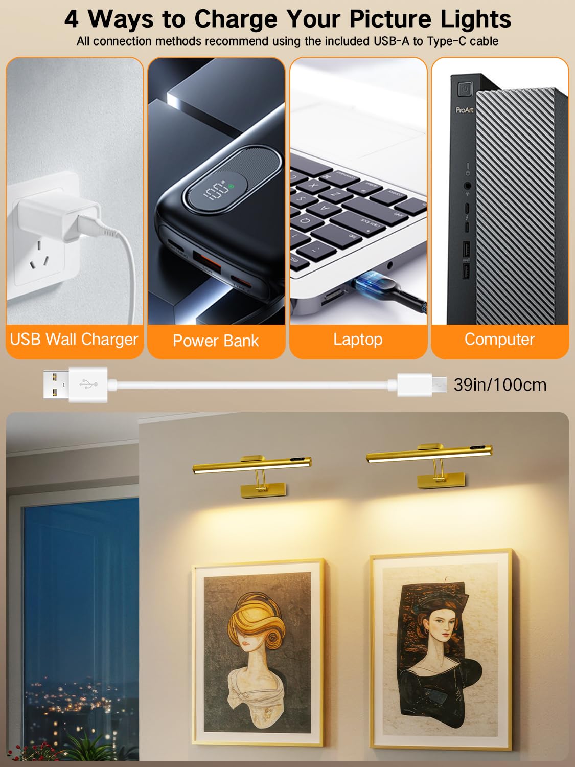 OUTON 40cm Bilderleuchte Kabellos Wiederaufladbar mit Fernbedienung+Touch, LED-Akku-Wandleuchte Bildbeleuchtung, Dimmbar 3-Farb Timer, 4000mAh USB-C-Aufladbar, Wandlampe für Gemälde Spiegel – Gold