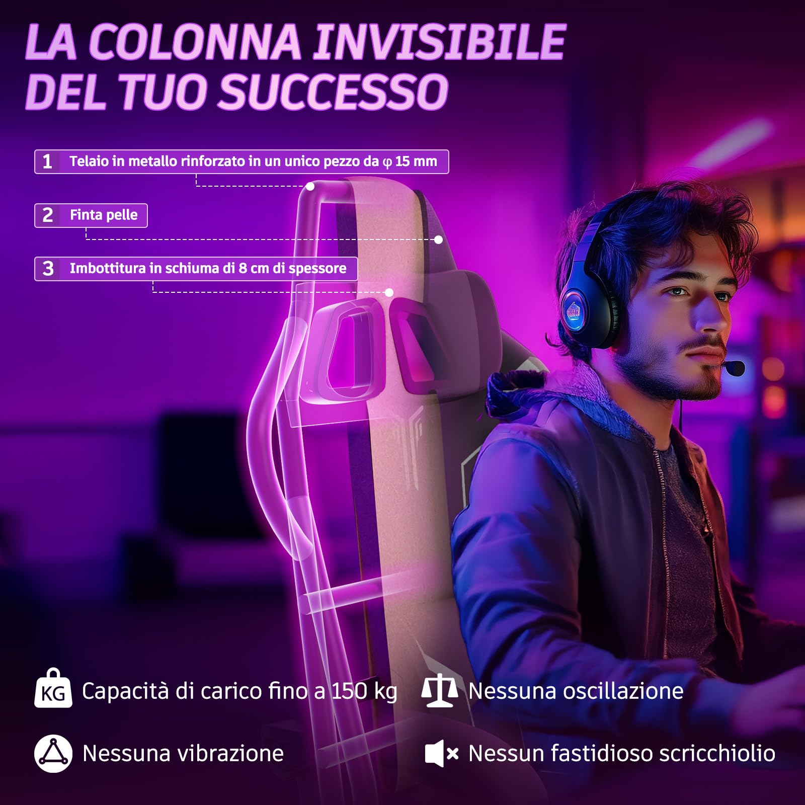 Soontrans Sedia da Gaming con Massaggio KJ433 Sedia Gaming con Poggiapiedi e Cuscino e Poggiatesta, Reclinabile 135°, Pelle Sintetica (Nero-Grigio)