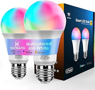 hansang LED Smart Light Bulbs, A19 WiFi RGB White Color Changing Light Bulb, Works with Alexa & Google Assistant, E26 Base, 2700K-6500K Tunable White, 9W 60W Incandescent Equivalent, 800LM, 2 Pack