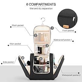Travel Hanging Toiletry Bag for Women and Men, 6 Organizer Compartments, Holds Full Size Bottles, Extra Large Cosmetic Accessories, Makeup essentials, Bathroom Water-resistant Toiletries Bag, Black