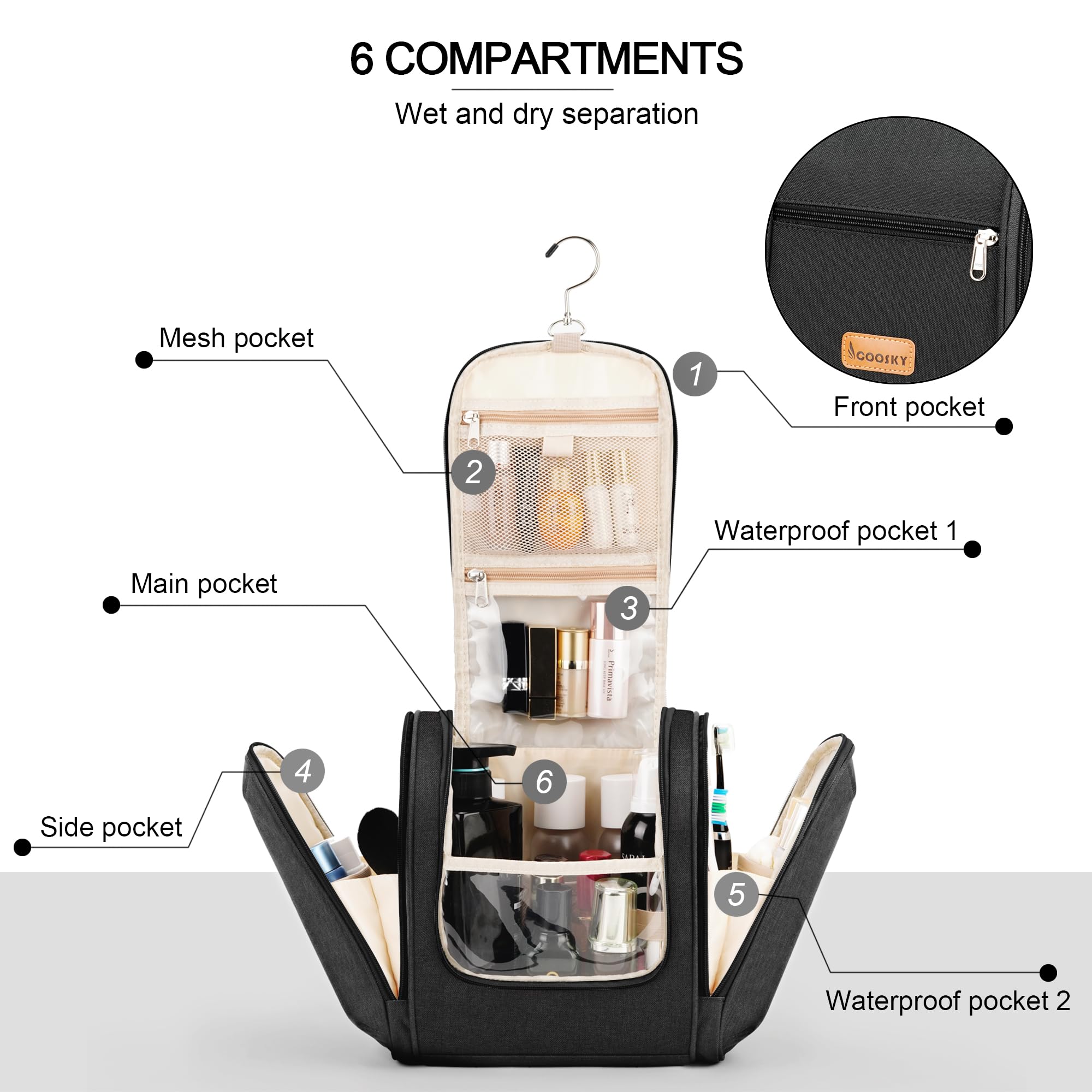 COOSKY Beauty case da viaggio extra large da appendere per donne e uomini, borsa igienica, kit organizer da bagno e doccia con supporti elastici per articoli da toeletta, cosmetici, trucchi, pennelli