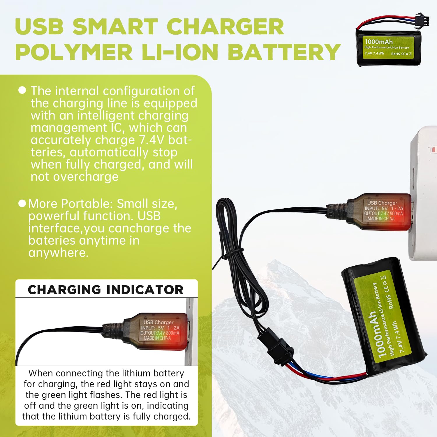 2PCS 7.4V 1000mah 2S Batterie Li-ION avec Prise SM-3P et 2PCS câble de Charge USB pour DE82 TK3086B G20601 RC Car TK-3082B Batterie pour Voiture de Cascade C60 Camion