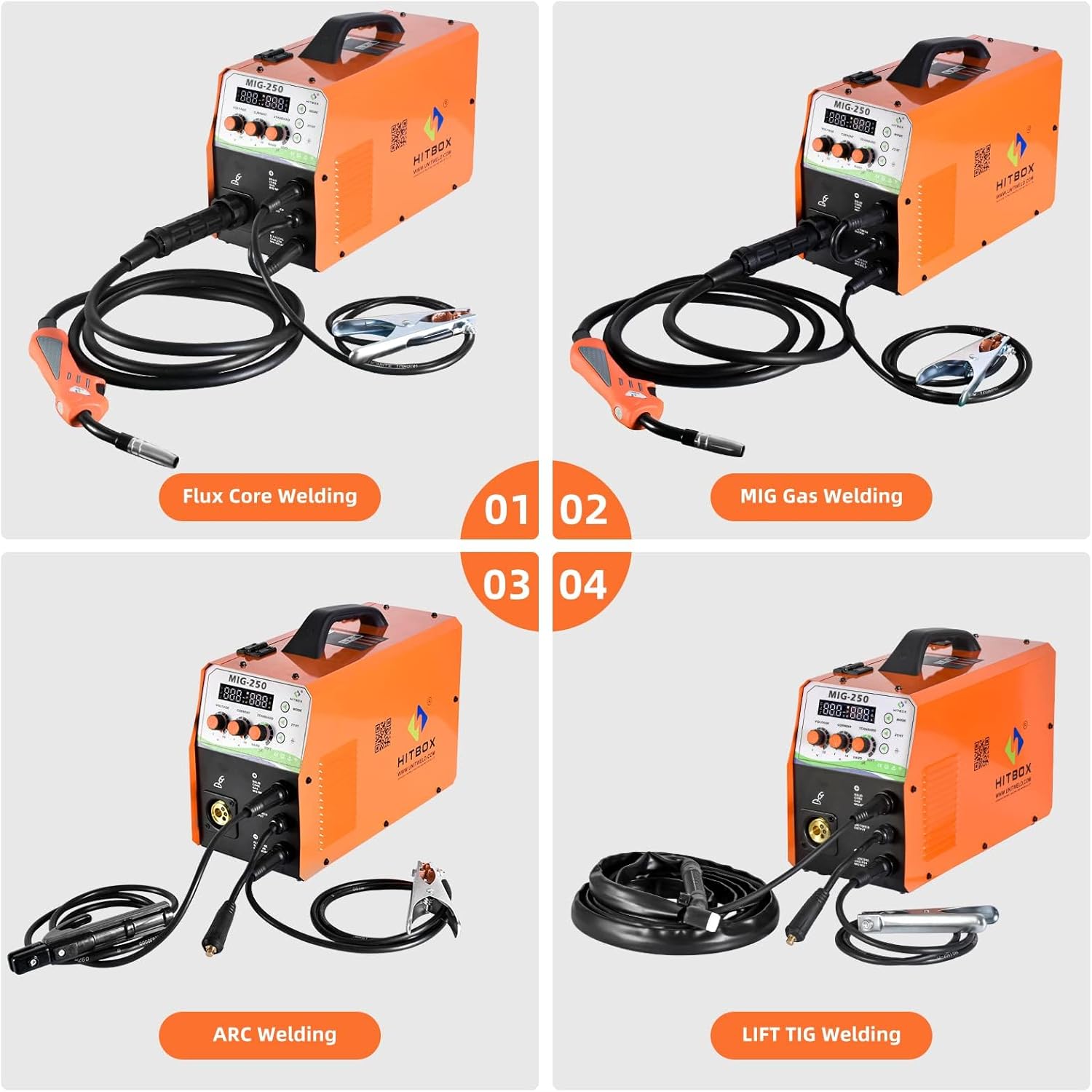 Four images showing different welding setups: Flux Core, MIG Gas, ARC, and LIFT TIG with the HITBOX MIG250 welder.