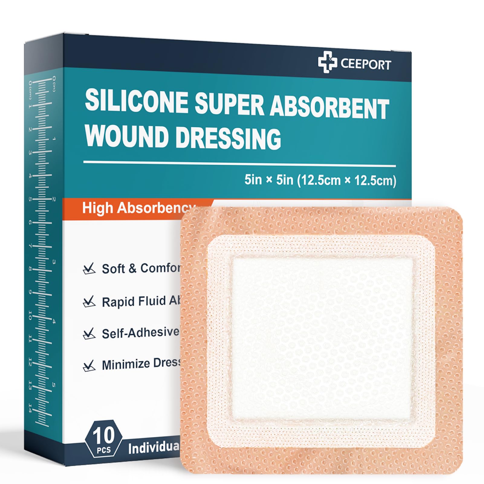 Ceeport Silicone Super Absorbent Wound Dressings 5" x 5", Adhesive Border Bandages for Heavy Exudate, Leg Ulcers, Bed Sores, 10 Pack, 3.35" × 3.35"