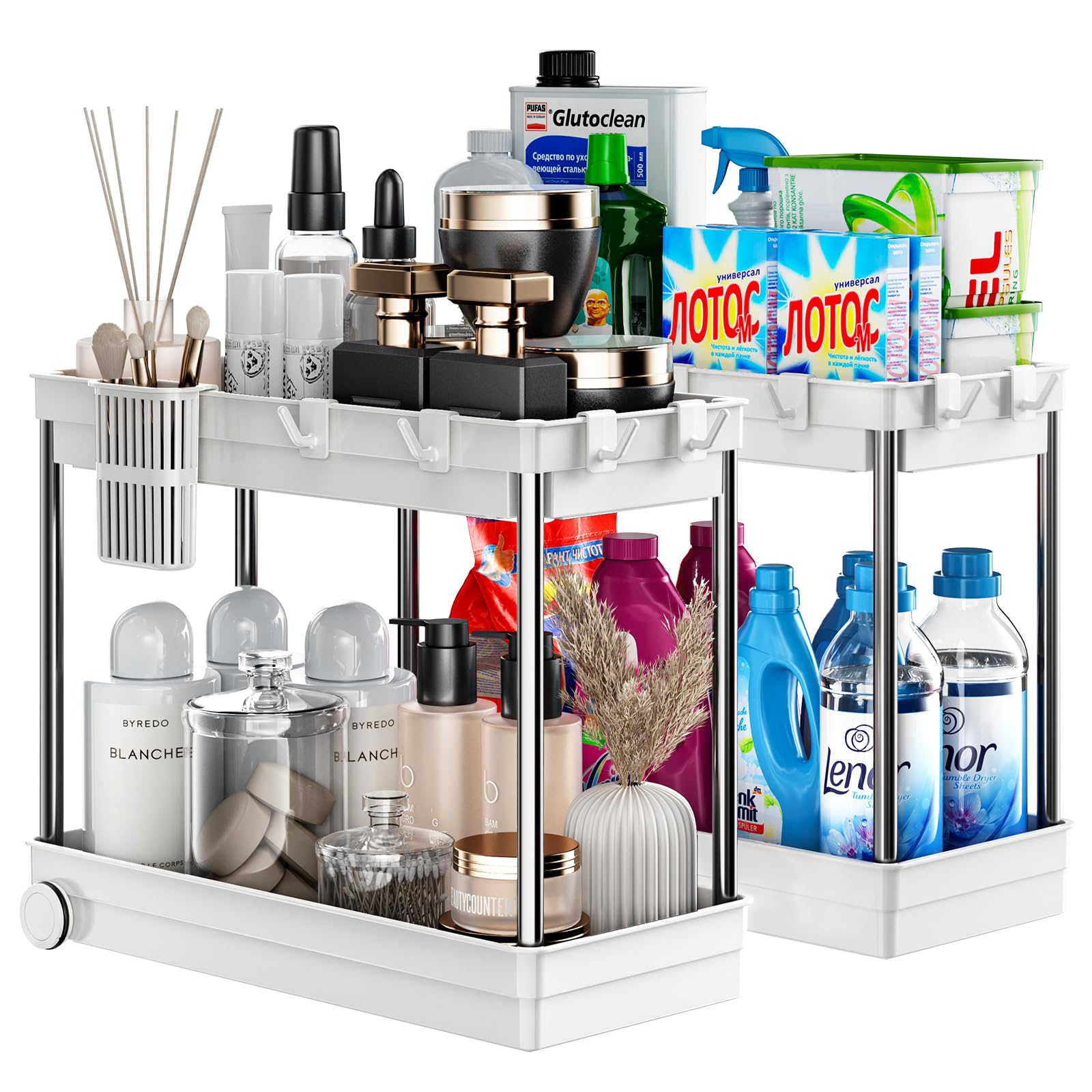 Sellemer 2 Packs Under Sink Organizers and Storage, Easy to Move with Wheels, Kitchen Organizers and Storage, Bathroom Storage, Laundry Room Organization (Heightened Style, White)