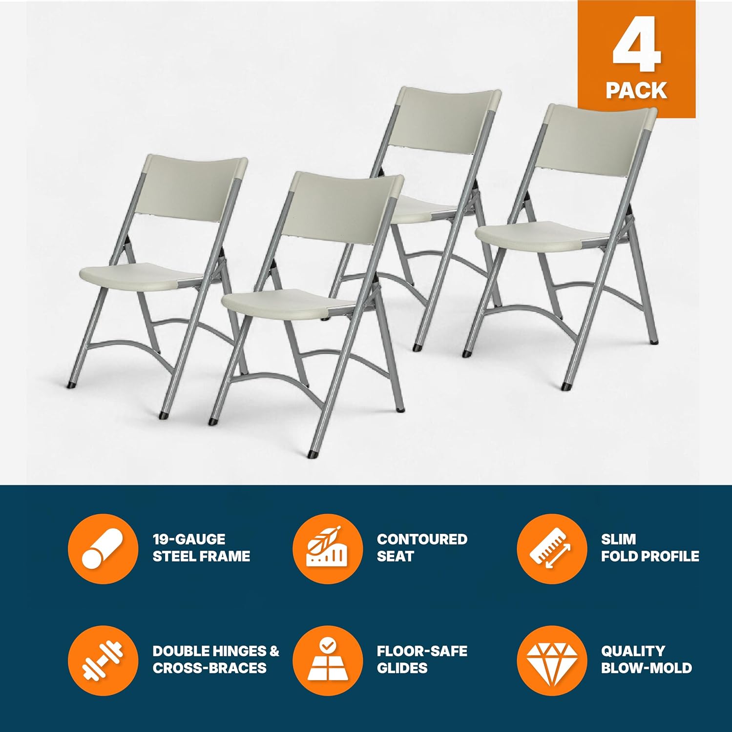 OEF Furnishings OEF600 Series High Back Folding Chairs, Blow-Molded Polyethylene Commercial-Grade Seating for Indoor and Outdoor Use, 500 lb Weight Capacity, 4-Pack (Light Gray)