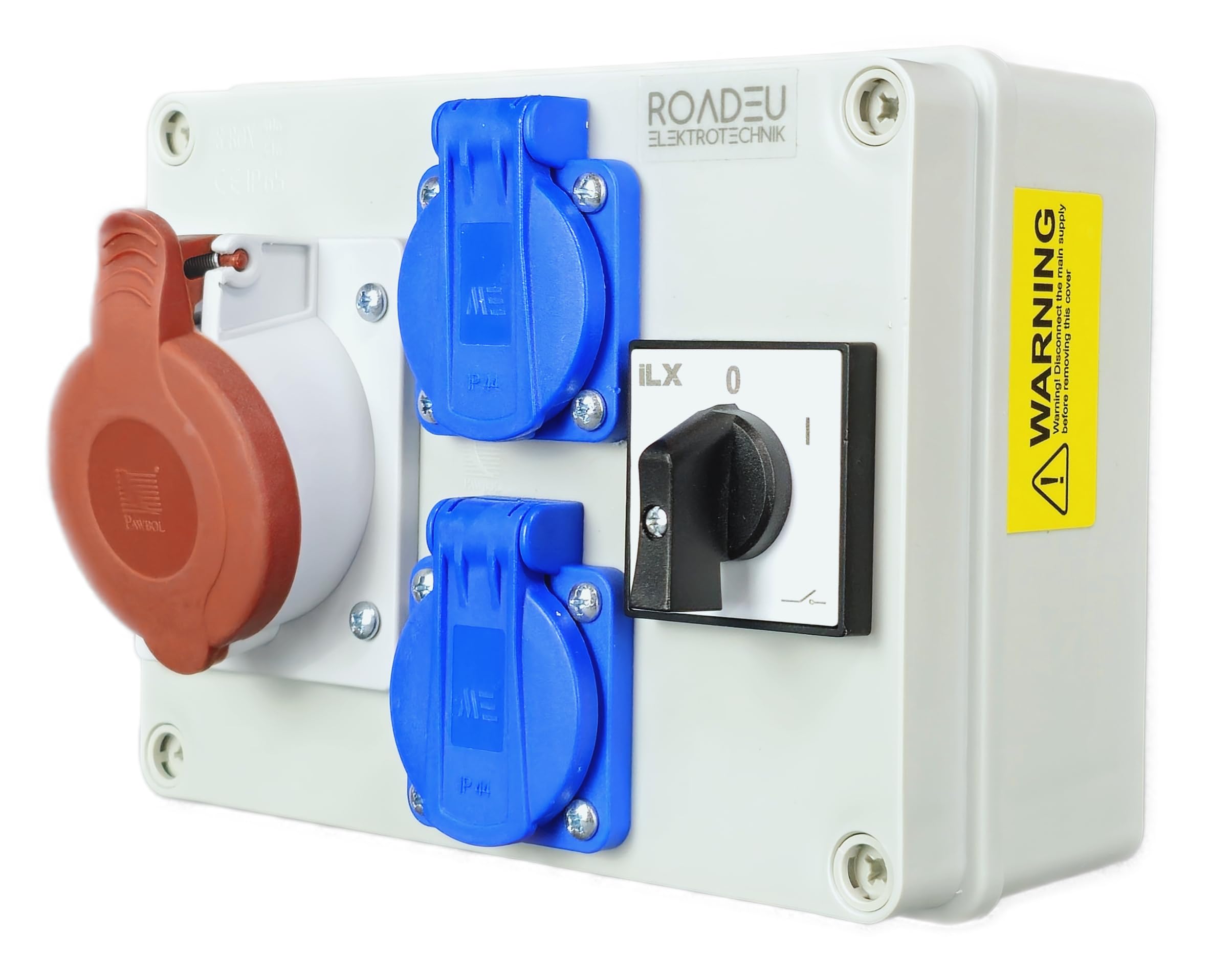RoadEu - Coffret de chantier, Distributeur de courant CEE 16A. Prise avec interrupteur et 2 prises avec interrupteur principal 0-1. Répartiteur de courant fort avec prise IP44