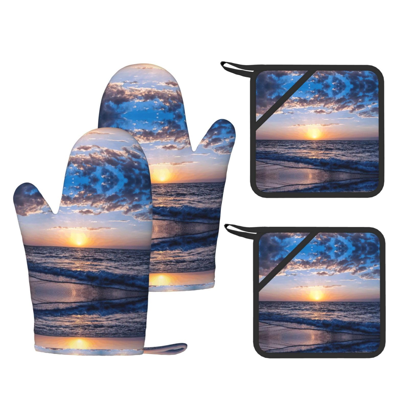 blue Ocean Printed Oven Mitts and Pot Holders Set of 4, Heat Resistant Silicone Gloves for Baking Grilling