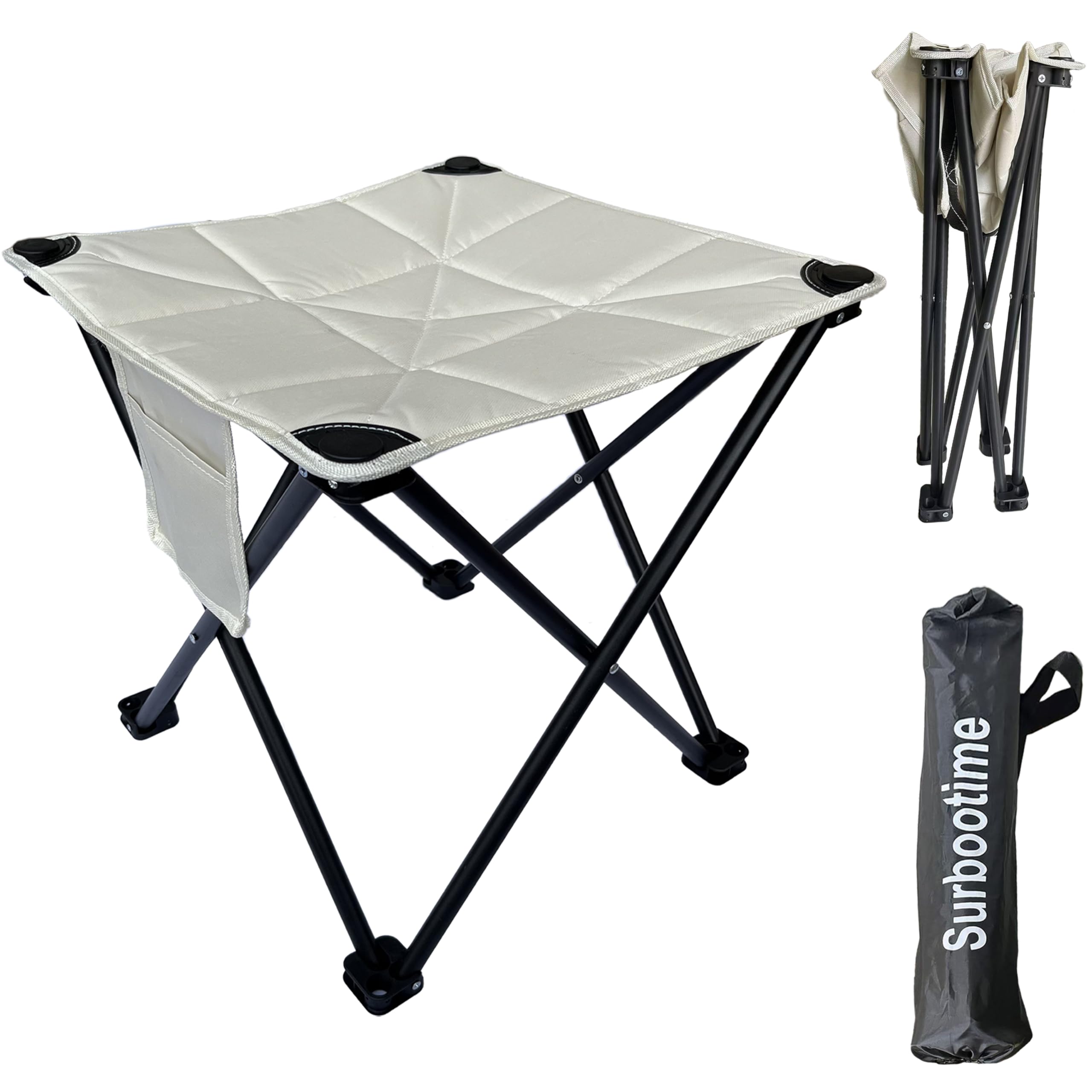 Surbootime Portable folding camping stool, cotton lining, 17 * 17 * 18 inches, soft outdoor seat with side pockets, extra-large footstool, suitable for fishing, picnics, beach barbecues, hiking(White