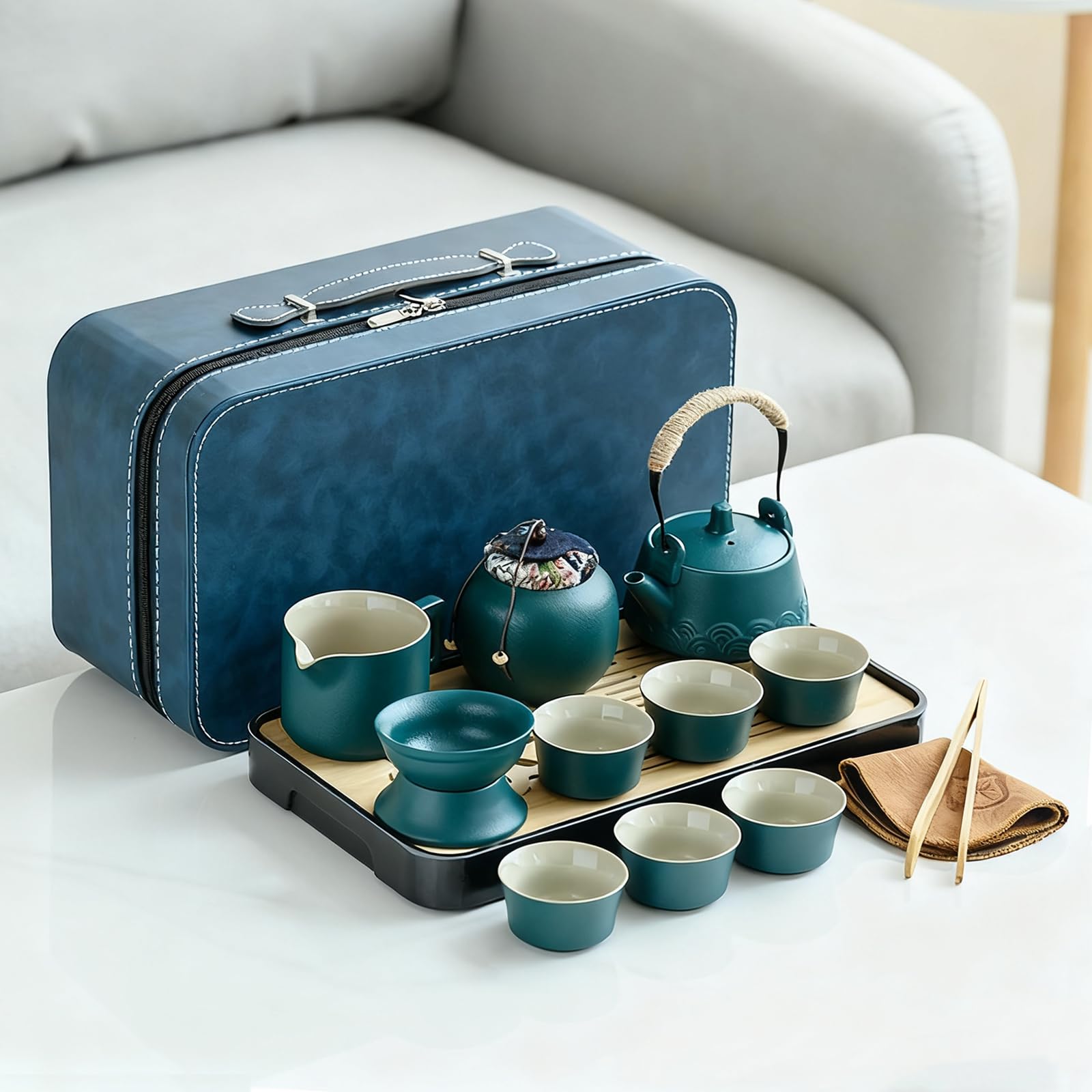 Service à thé chinois japonais, 14 pièces Gongfu avec 6 petites tasses, plateau à caniste, passoire traditionnelle, kit de cérémonie du thé Kung Fu portable en céramique pour la maison, le bureau, les