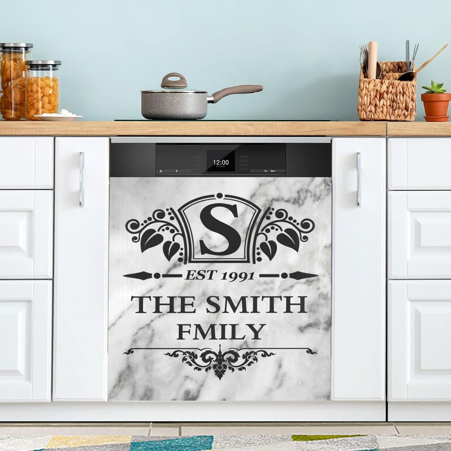 Custom Family Name Marble Texture Dishwasher Magnet Cover Waterproof Magnectic Sticker Refrigerator Magnets Decor Personalized Fridges Door Magnet Sticker for Mom's Gift Kitchen Decorative 23"x26"