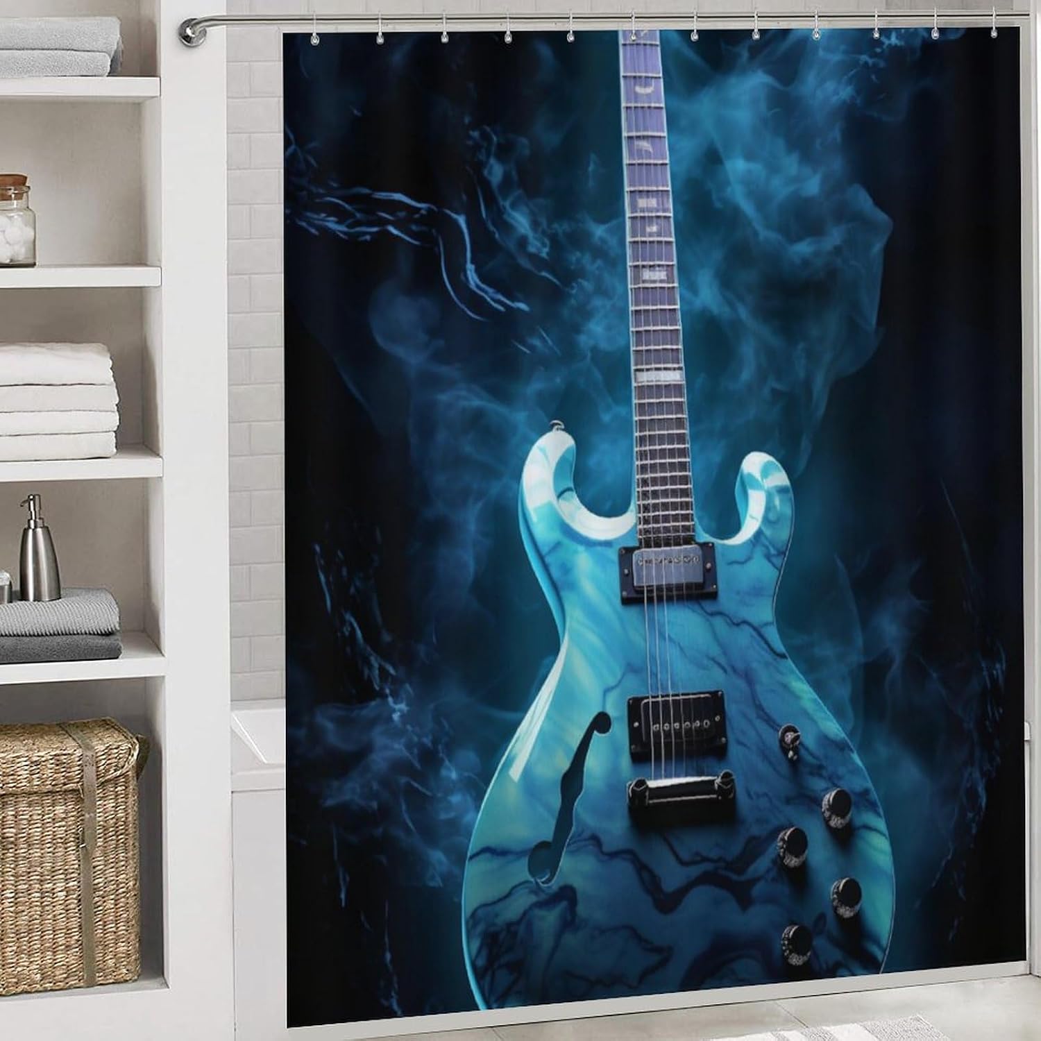 4 Piece Vintage Guitar Shower Curtain Set with Rugs, Vintage Musical Instrument Include Bathroom Non-Slip Floor Mat, U-Shaped Bath Rug and Toilet Cover Lid with 12 Hooks