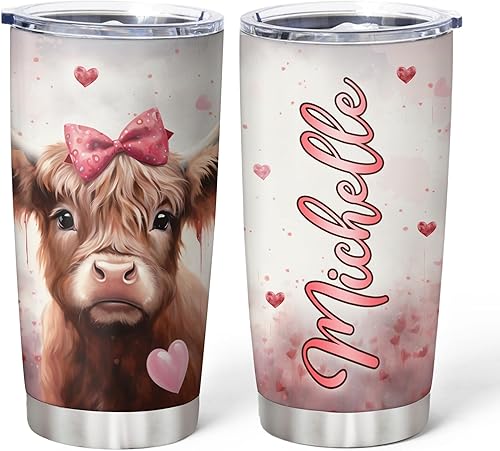 Hyturtle Regalos personalizados para amantes de las vacas de las tierras altas, vaso de acero inoxidable con nombre personalizado, 20 onzas, lindos Hyturtle Regalos personalizados para amantes de las vacas de las tierras altas, vaso de acero inoxidable con nombre personalizado, 20 onzas, lindos