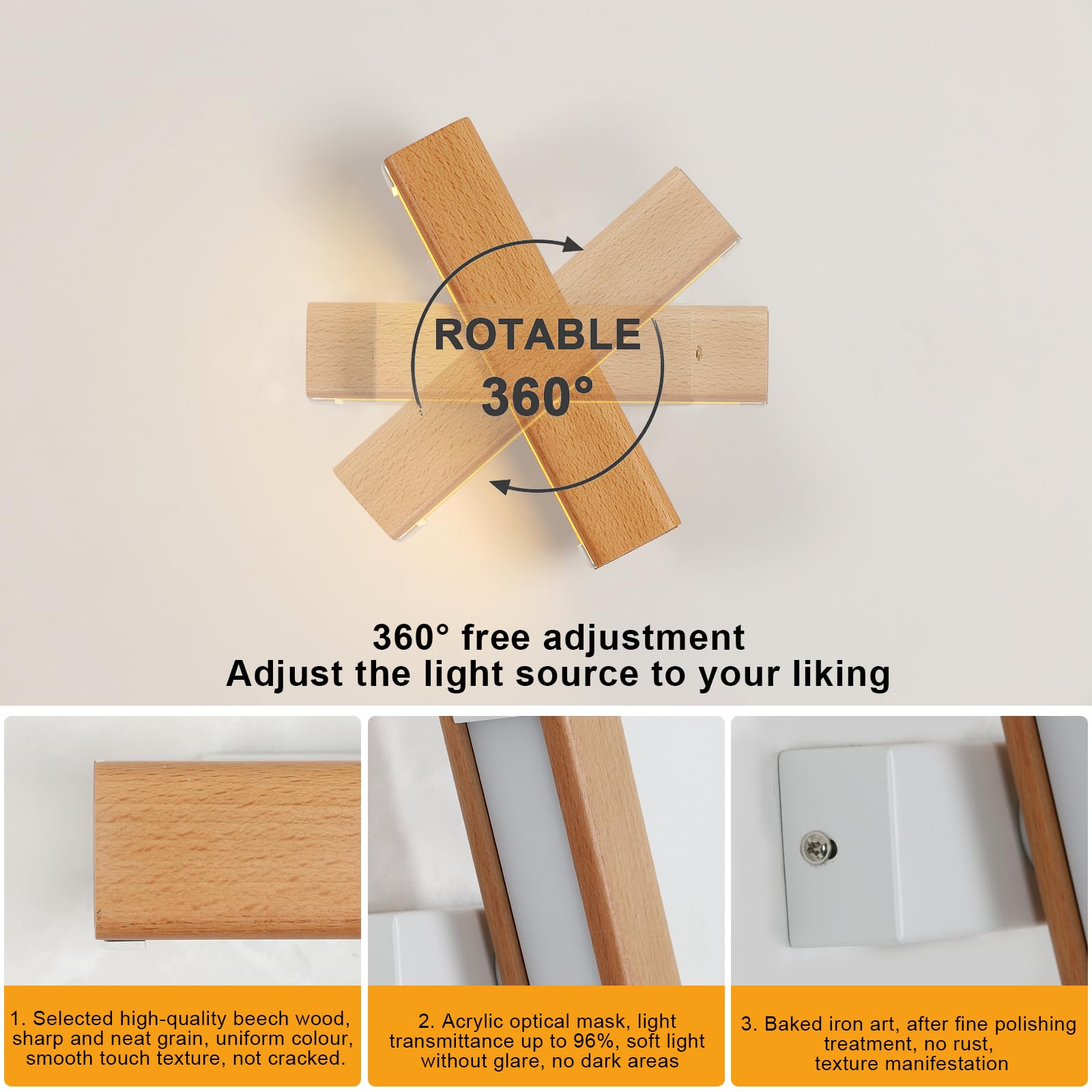 DELIPOP Applique da Parete Interno, 360° Girevole Lampada da Parete in Legno, 3000K Bianco Caldo Lampada da Muro LED per Camera da Letto Soggiorno Corridoio