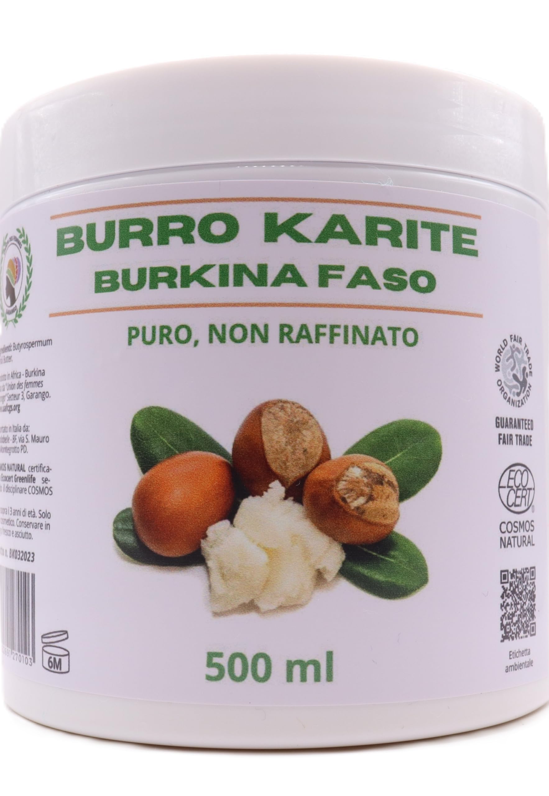 Burro di Karité del Burkina Faso (500 ml), puro non raffinato, certificato Ecocert. Idrata e favorisce la rigenerazione della pelle. Prodotto equo solidale ottenuto con metodo tradizionale.
