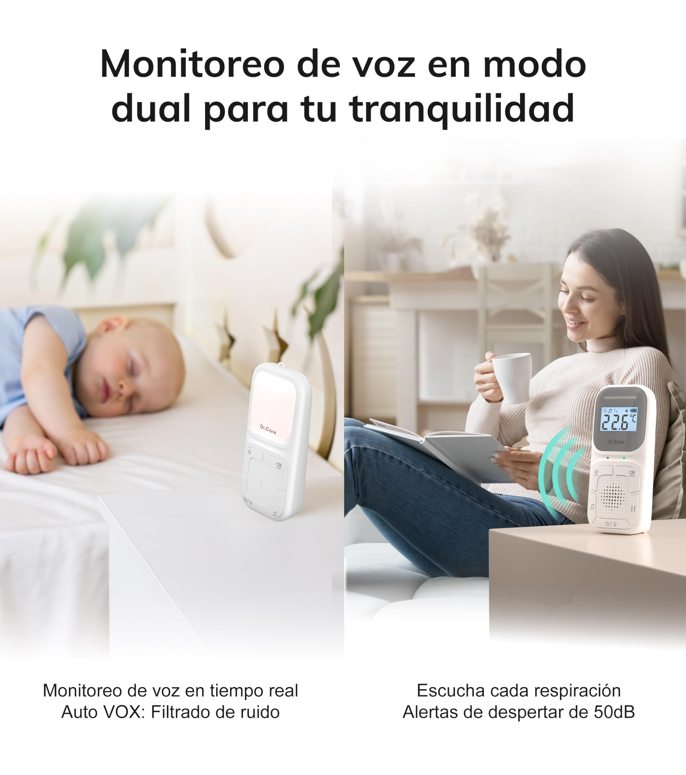 Dr.Care Neo Go - Monitor de Bebé Portátil con Clip y Máquina de Sonido | Rango de 1000 Pies, Batería Día y Noche, Conversación Bidireccional, VOX, Luz Nocturna