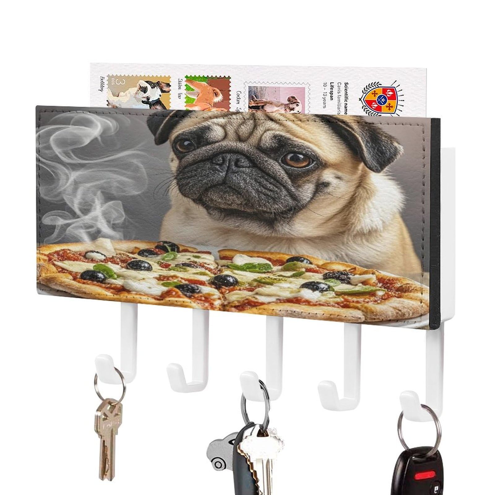 FekiLoot Pug Pizza Key Holder Wall Mount Decorative Key and Mail Holder with 5 Hooks Key Hanger Organizer Pu Key Rack Decorative Home Decor for Wall Living Room Entryway Office White-Style