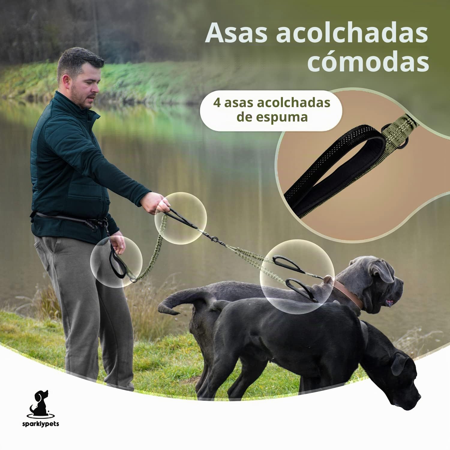 SparklyPets - Correa Manos Libres para Perros de Raza Mediana y Grande, arnés Profesional con Costuras Reflectantes, para Entrenar, Caminar, Trotar y Correr con tu Mascota (Verde Gama, para 2 Perros)