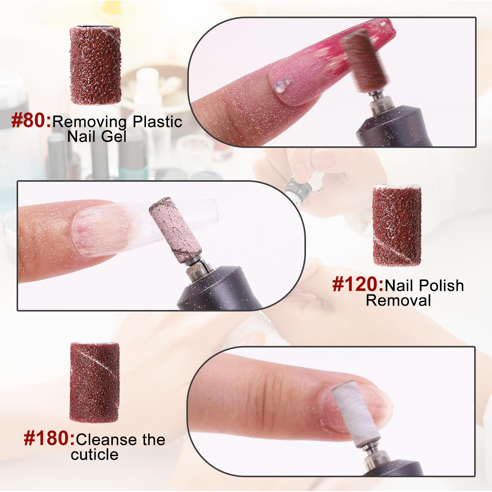 ELEBOX 300Pcs 1/2(inch) Sanding Sleeves #80#120#180 Grit File Sanding Bands For Nail Drill Bits Grinding Sand Polish Grind Cuticle Remover Manicure Pedicure Care Tools