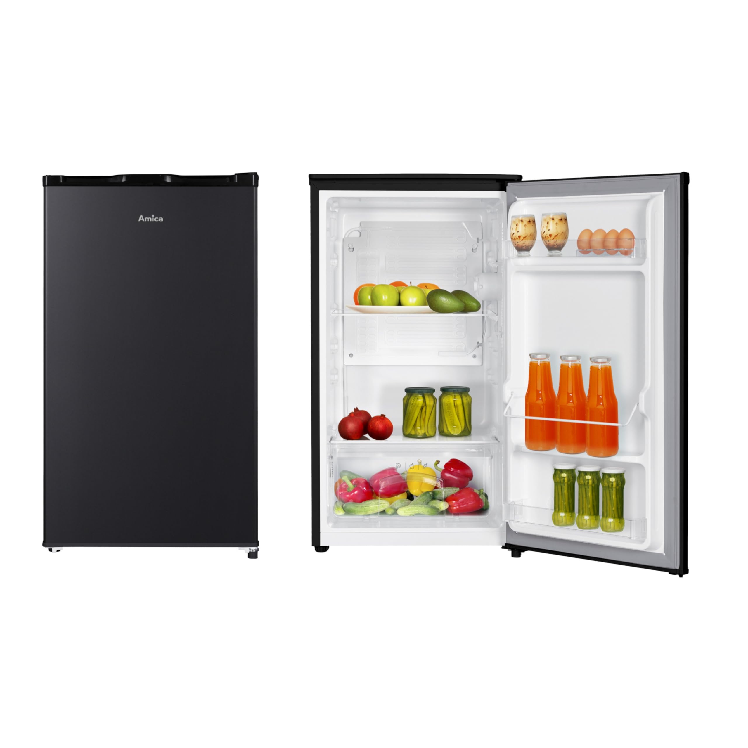 Amica Frigorifero a camera piena, autoportante, 85 x 47,5 x 44,5 cm, 90 l, illuminazione a LED, cassetto per verdure, ripiani per porte, AVK 3510 SW - nero
