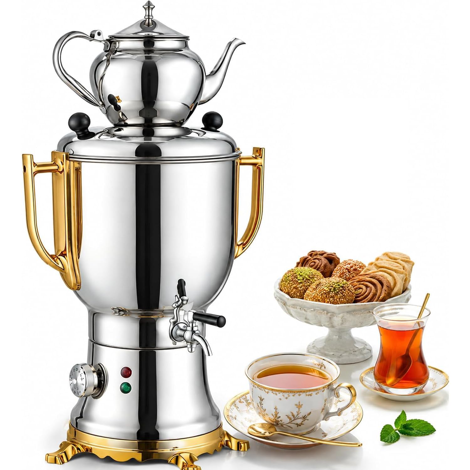 Samovar Elettrico Turco Da 1800 W Con Riscaldamento Rapido E Funzione Samovar, Completo Di Bollitore Da 4 Litri E Teiera Da 1 Litro, Set Da Tè In Acciaio Inox Con Sistema Anti-ebollizione A Secco