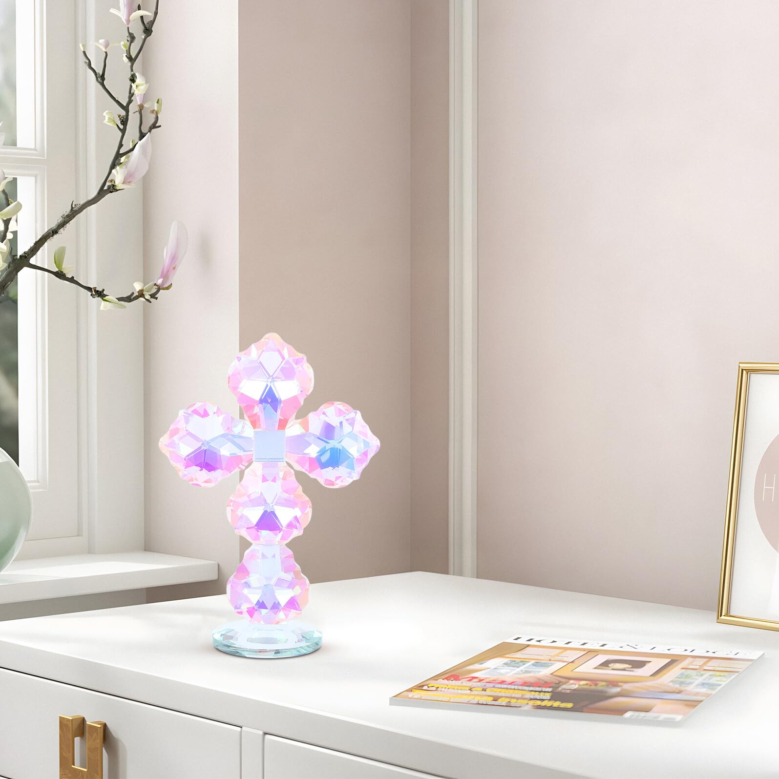 ROMISBABA Crocifisso Cristiano in Cristallo Design Unico e Base Stabile, per Decorazioni la Casa e Cerimonie Religiose, Porta Benedizioni e Preghiere