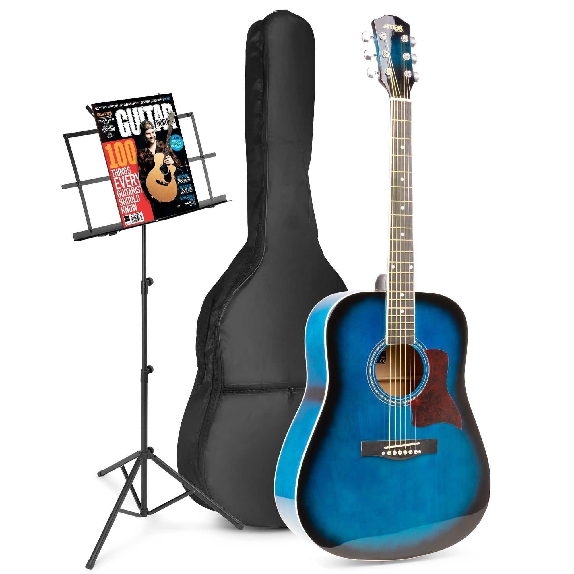 MAX SoloJam Westerngitarre, Akustik Gitarre Set, Acoustic Guitar, Akustikgitarre 4/4 mit Tasche, Notenständer, Plektrum, Stimmgerät, Schultergurt, Stahlsaiten, Anfängergitarre - Blau