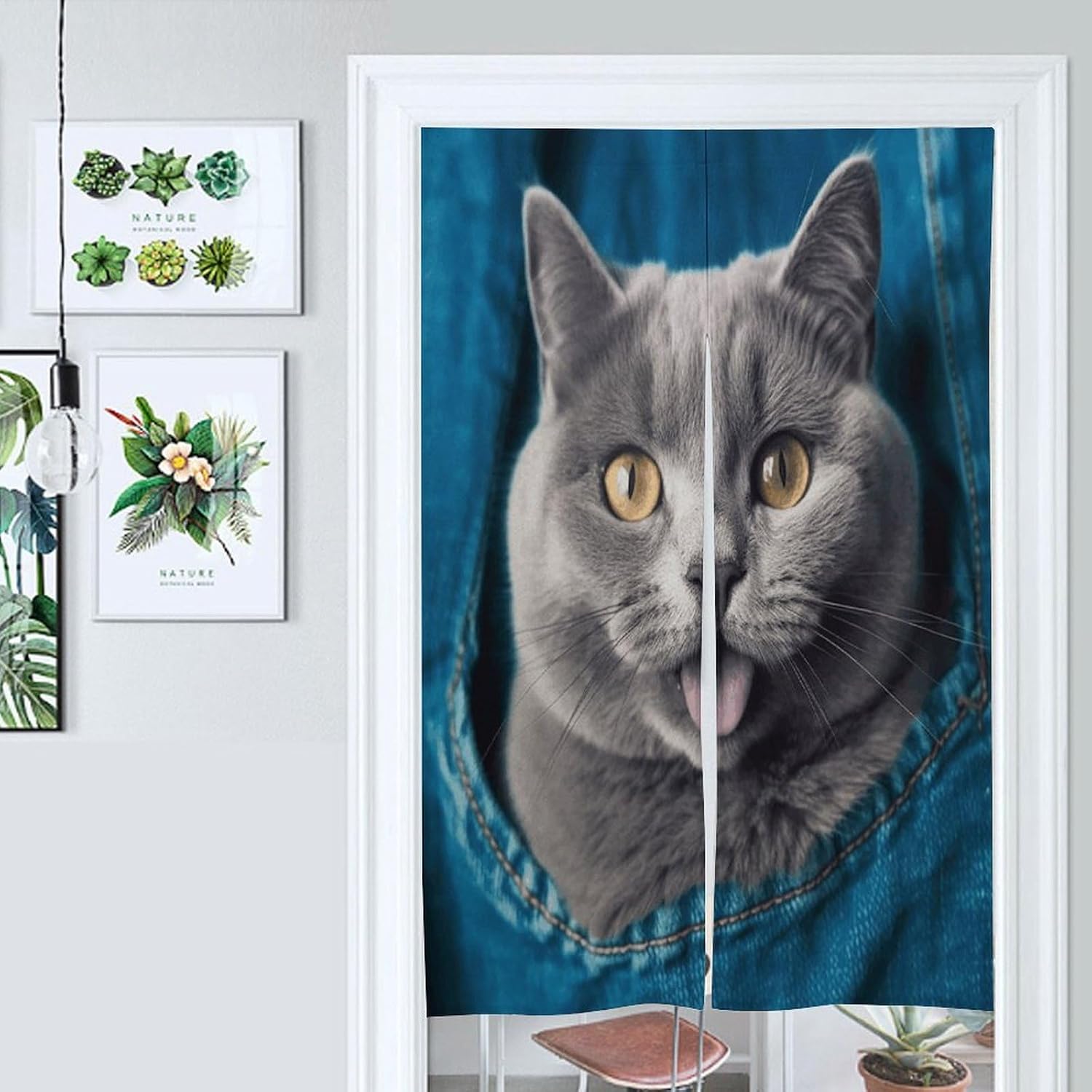 Blue Cat Sticking Out Tongue Door Curtain Doorway Curtain | Blackout Curtains Thermal Insulated-White hemp Set of 2 Panels,for Front/Sliding Door/Closet/Patio,57*17 inch