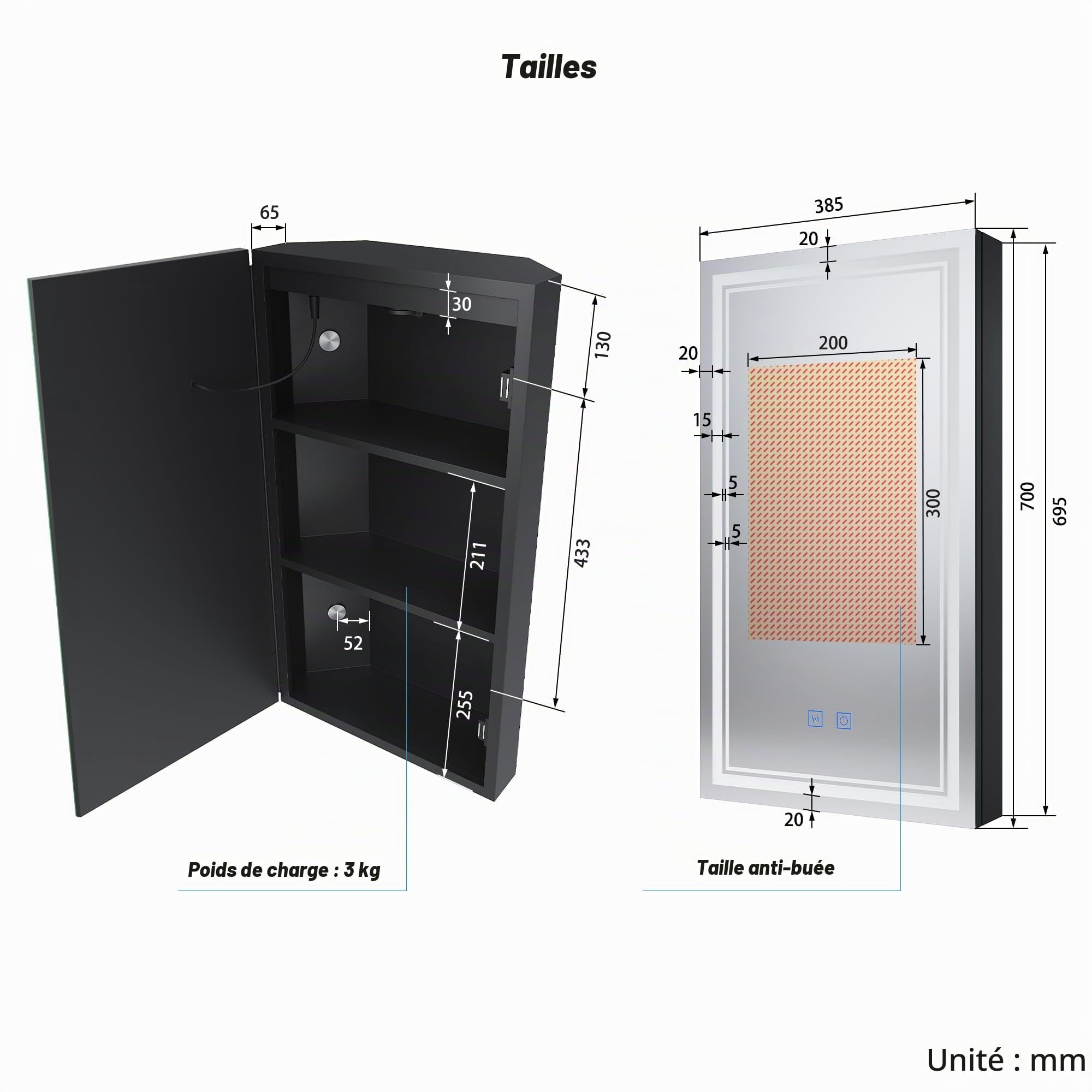 SONNI Armoire miroir d'angle avec éclairage, armoire à miroir triangulaire LED avec prise, intensité variable, 3 couleurs à intensité variable, armoire murale de salle de bain sans brouillard, armoire