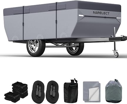 Pop up Camper Cover 8-10 Tent Trailer Cover 7 Layers Top Waterproof Anti-UV Ripstop Folding Camper Covers Heavy Duty All Season Protection with Windproof Strap