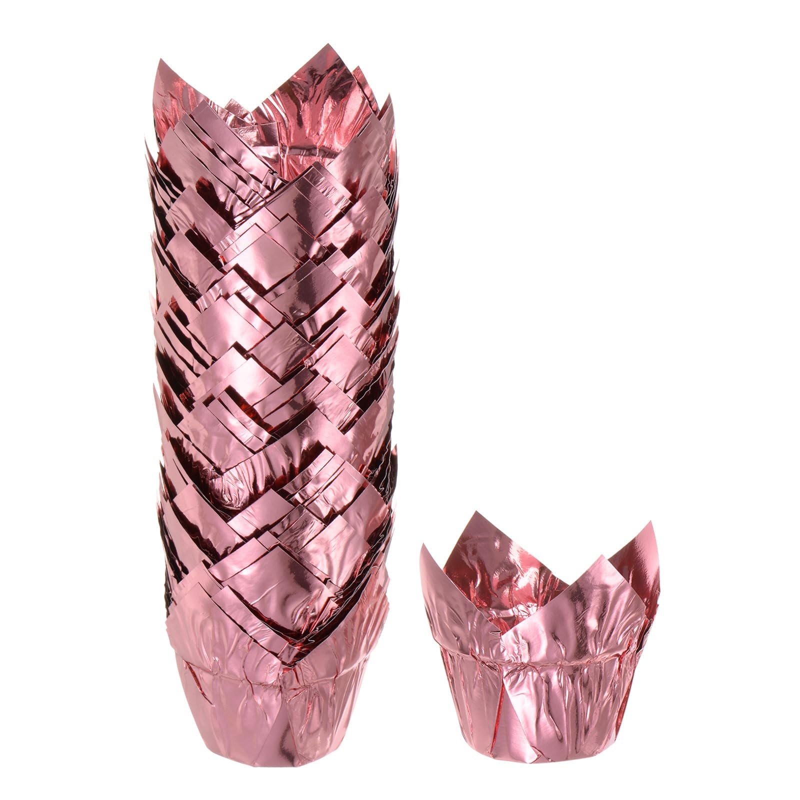 sourcing map 50Pcs Tulip Cupcake Liners Standard Aluminum Foil Baking Cups Greaseproof Wrappers Disposable for Birthday Banquets Party, Rose Golden Tone